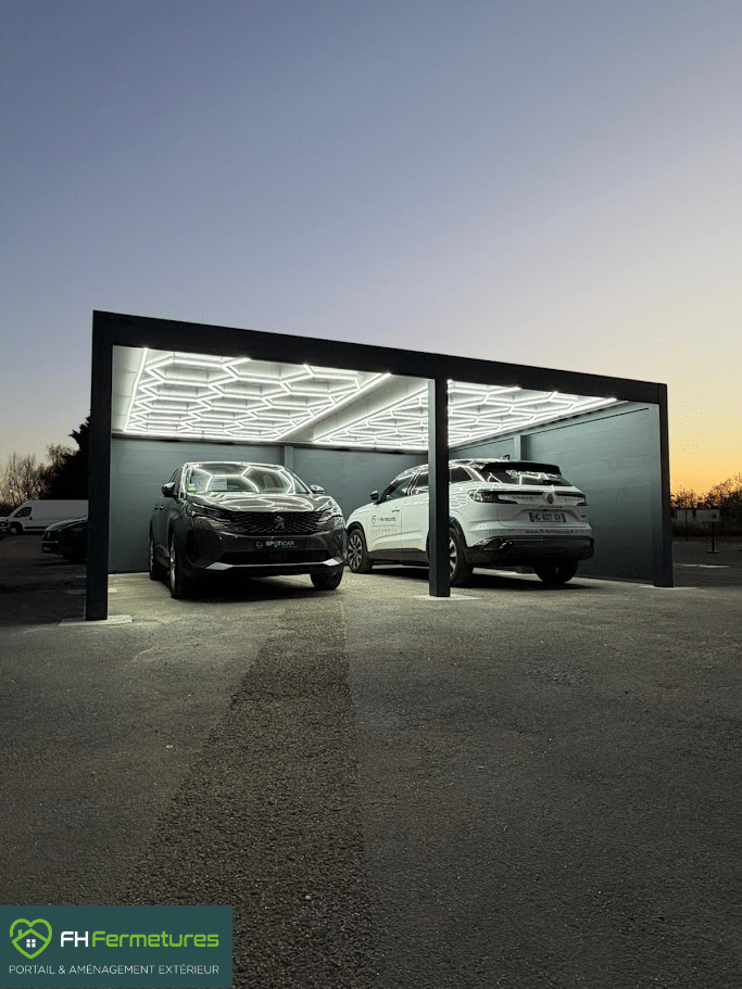 Carport professionnel aluminium sur 8 poteaux avec toiture panneau sandwich, lames fixes et éclairage LED installé à Feillens (01) par FH Fermetures
